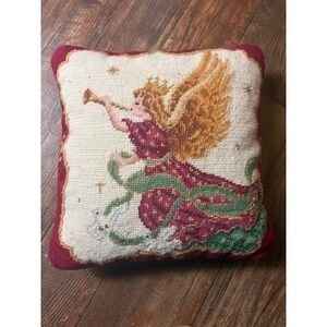 Wool Needlepoint Throw Pillow Cover Christmas Angel Horn Doves Holiday 13"